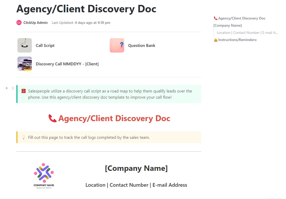 Modèle ClickUp pour la découverte des clients