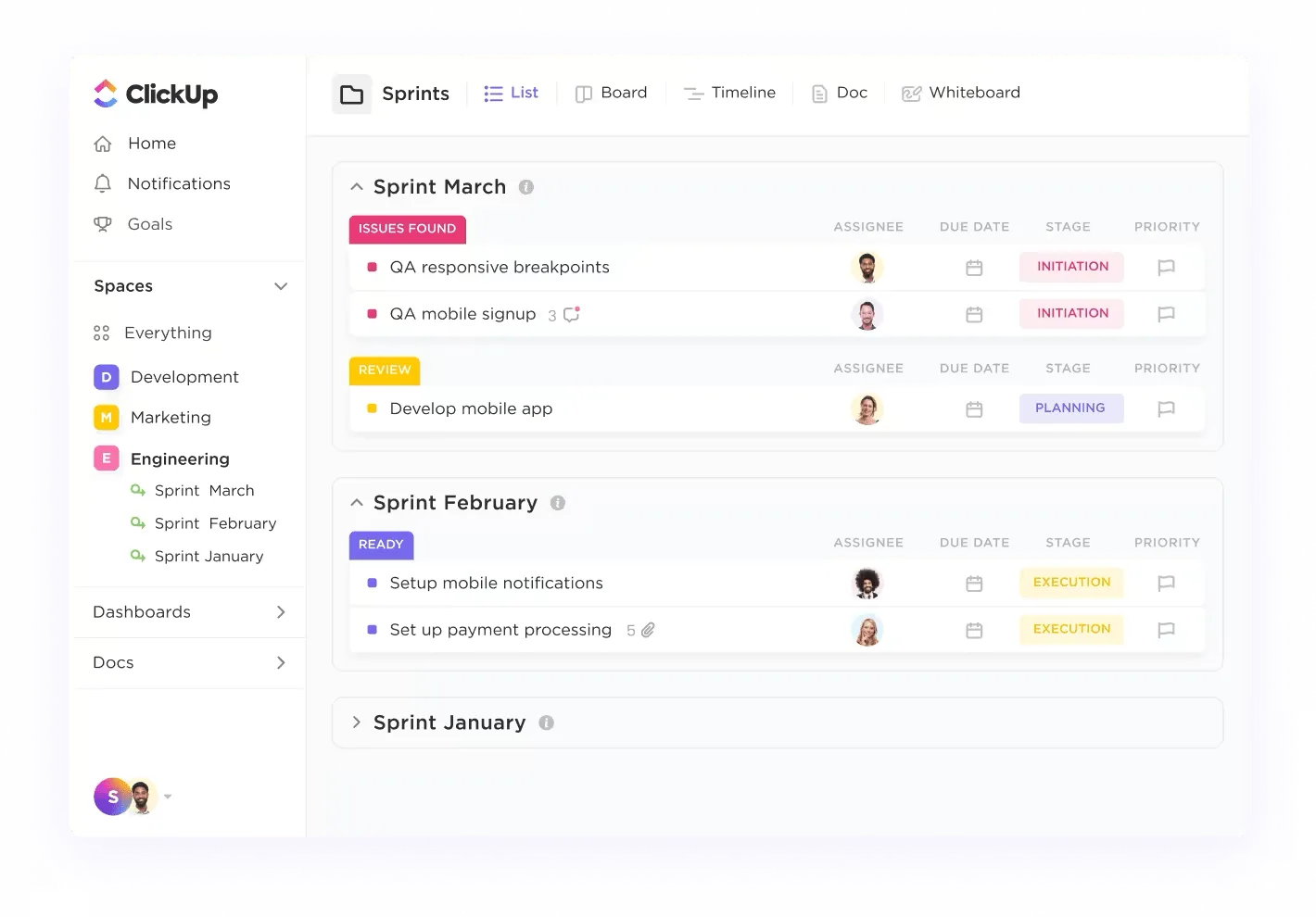 Crie sprints com duração de uma semana a um mês com a abordagem ágil no ClickUp.