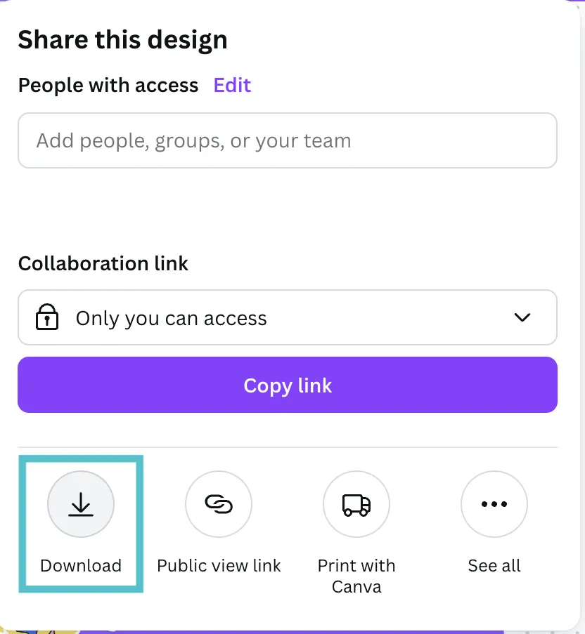 วิธีทำให้ข้อความโค้งใน Canva: เลือก 'ดาวน์โหลด' จากหน้าต่างป๊อปอัปแรก