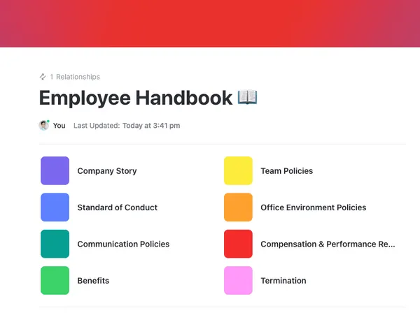Modèle de manuel de l'employé ClickUp pour les entreprises de CVC : fournissez aux équipes de CVC les politiques, les règles de sécurité et les directives culturelles.
