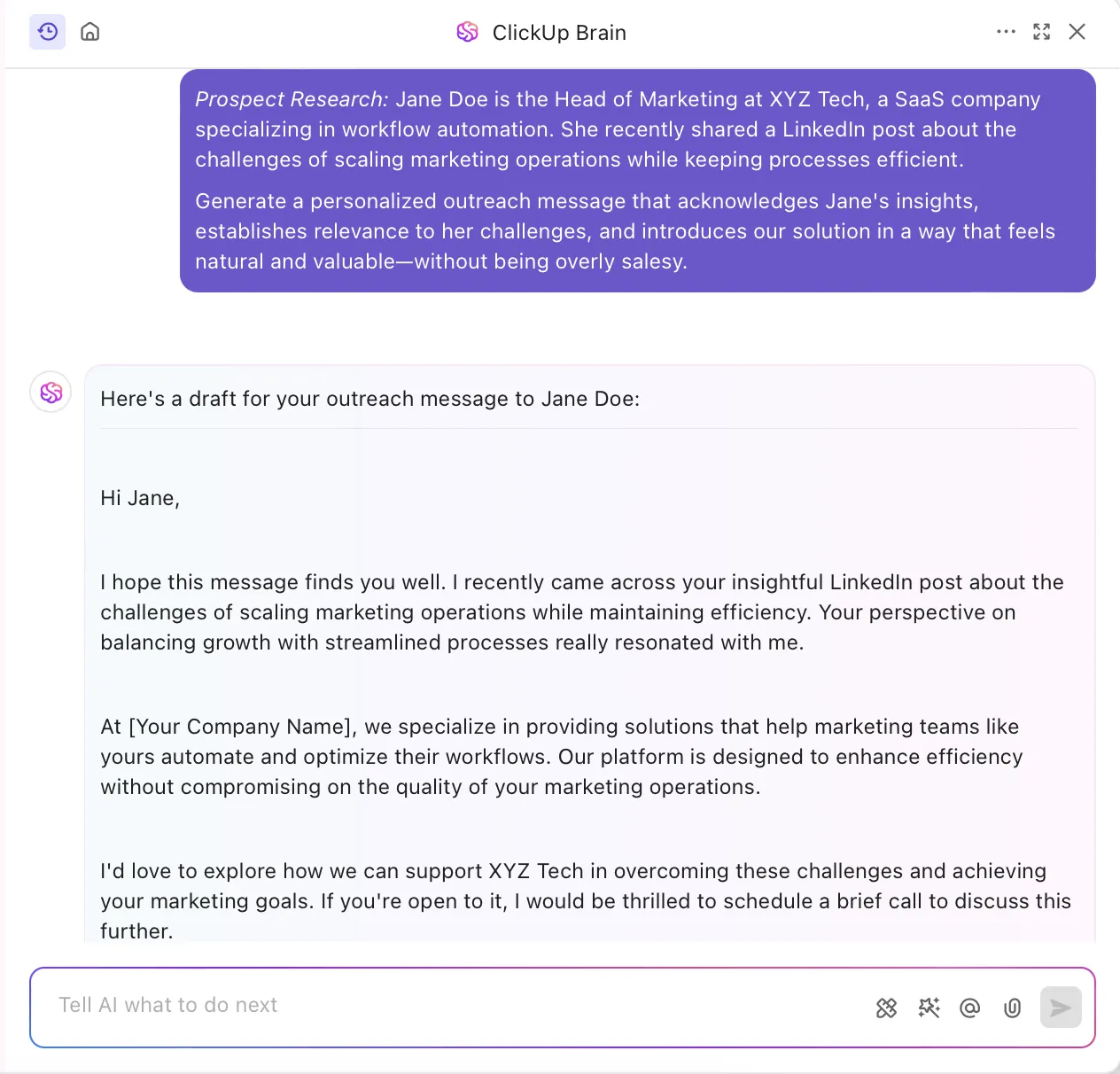 Erstellen Sie mit ClickUp Brain personalisierte Nachrichten für die Kundenakquise