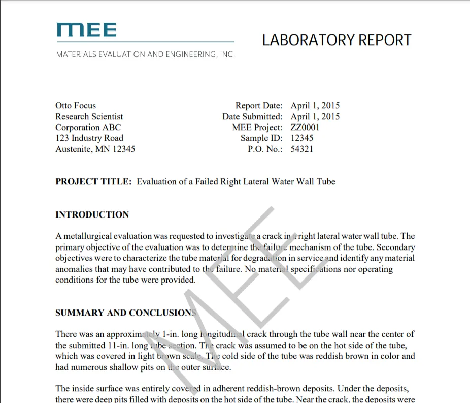 Technischer Bericht von Materials Evaluation and Engineering, Inc. (MEE)