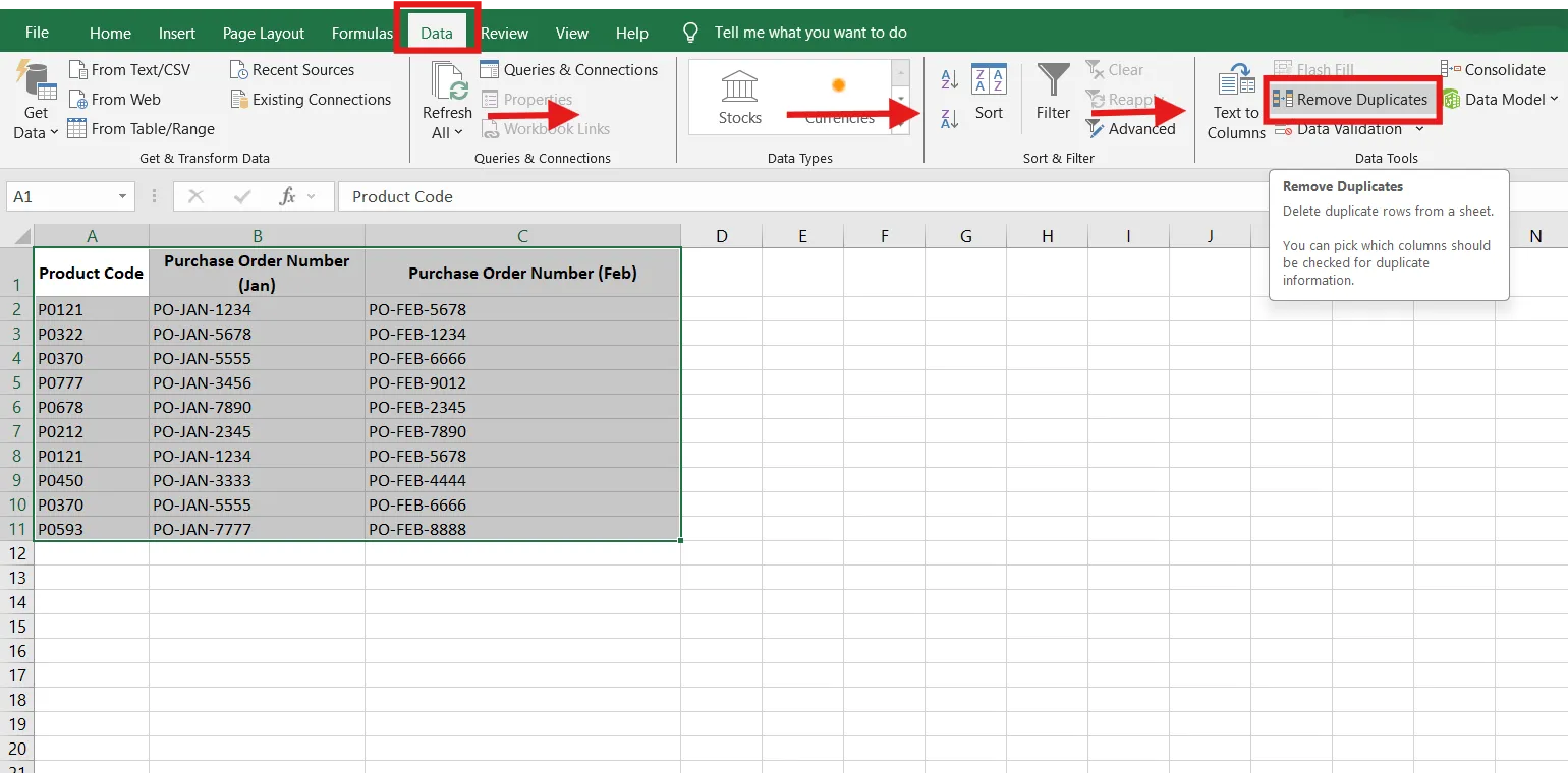 วิธีค้นหาข้อมูลซ้ำใน Excel - เปิดเครื่องมือลบข้อมูลซ้ำ