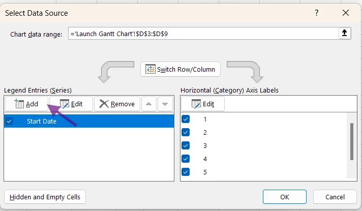 Sử dụng cửa sổ Chỉnh sửa chuỗi để thêm ngày và tạo biểu đồ Gantt trong Excel