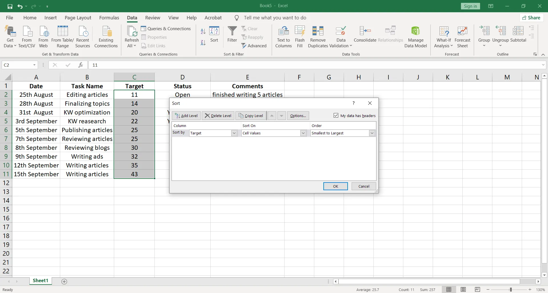 Sắp xếp các cột theo giá trị mục tiêu trong Excel