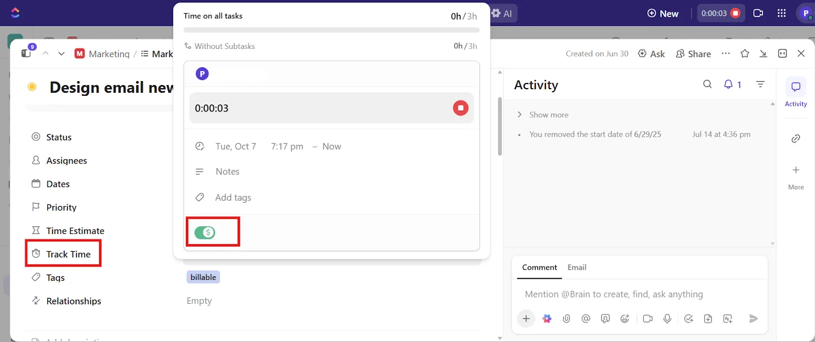 تتبع الوقت في ClickUp: تتبع المزيد من الساعات غير القابلة للفوترة بسهولة وتقليل الساعات غير القابلة للفوترة