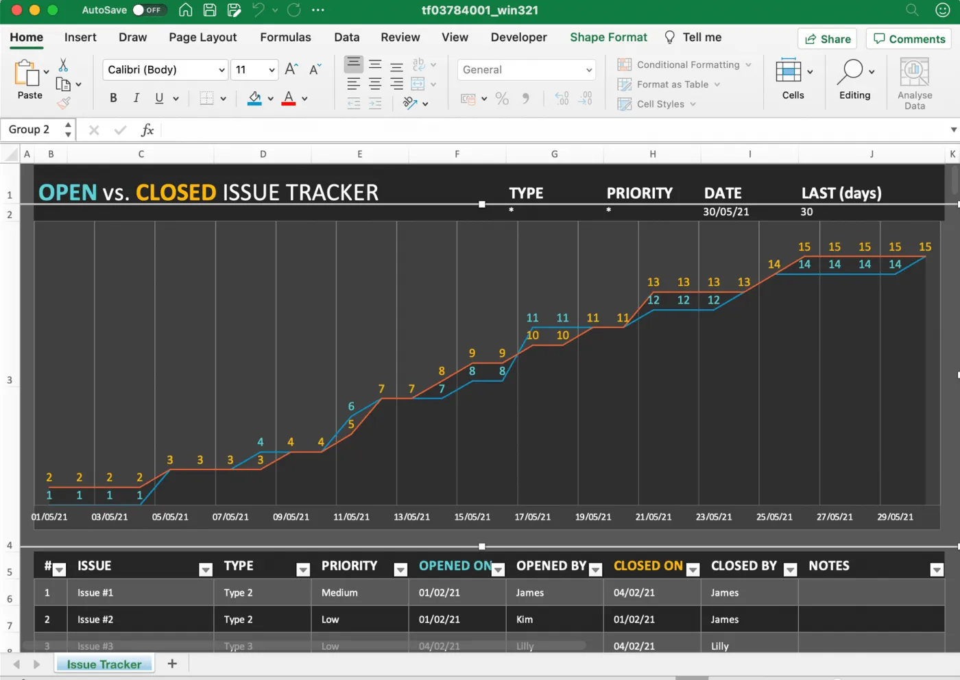 Plantilla de seguimiento de problemas de proyectos en Excel
