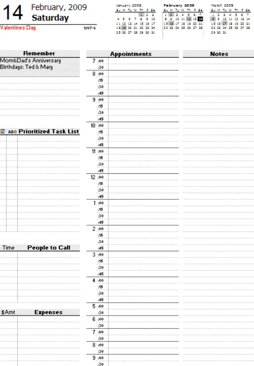 Modello di agenda giornaliera Excel di Vertex42