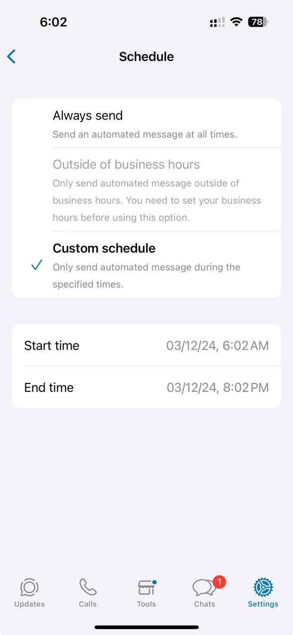 Pianifica i messaggi: risposta automatica di WhatsApp