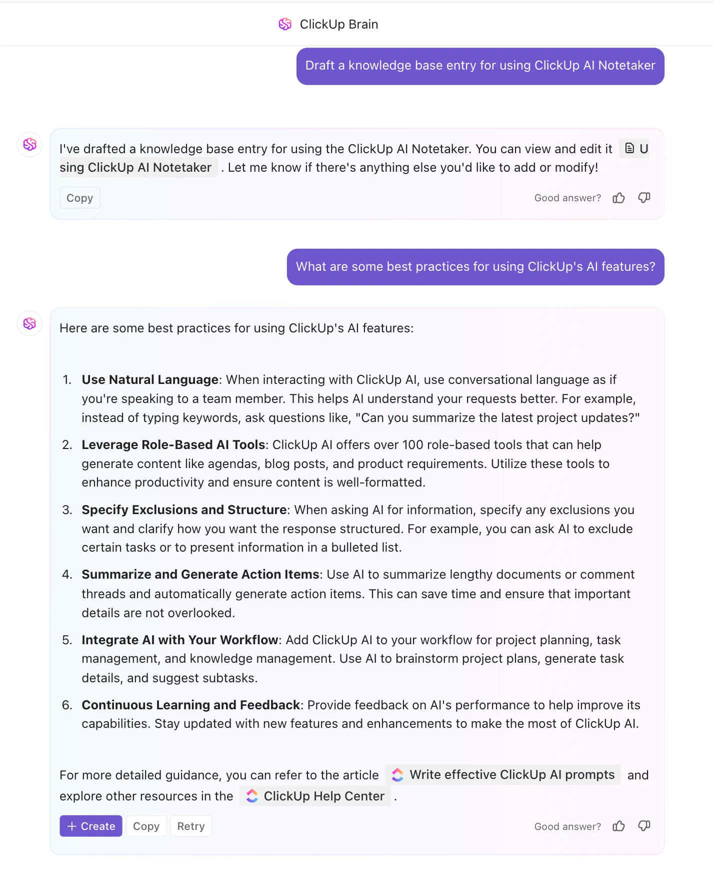 Buat basis pengetahuan dan artikel bantuan, serta jawab pertanyaan umum (FAQ) menggunakan ClickUp Brain