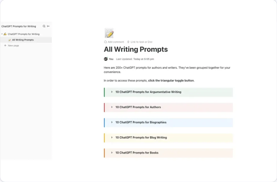 Шаблонът ChatGPT Prompts for Writing на ClickUp е създаден, за да ви помогне да създавате оригинално съдържание с лекота.