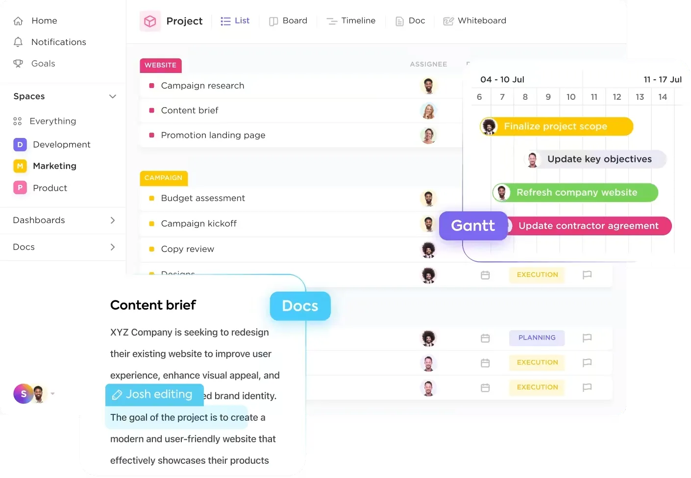 Verzamel, werk samen en stroomlijn projecten van begin tot eind met het platform voor marketingprojectmanagement van ClickUp