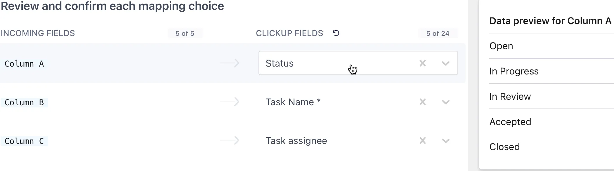 Importador de planilhas do ClickUp