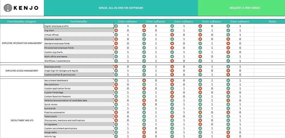 Modèle Excel de comparaison de logiciels RH par Kenjo