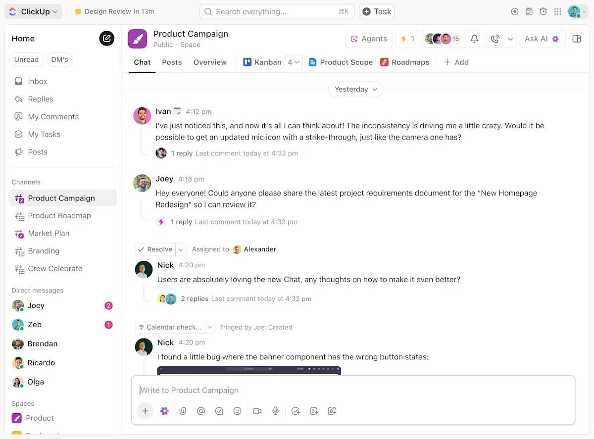 ClickUp Chat: كيف يمكن للوكالات إدارة حملات عملاء متعددة باستخدام المراسلة المركزية