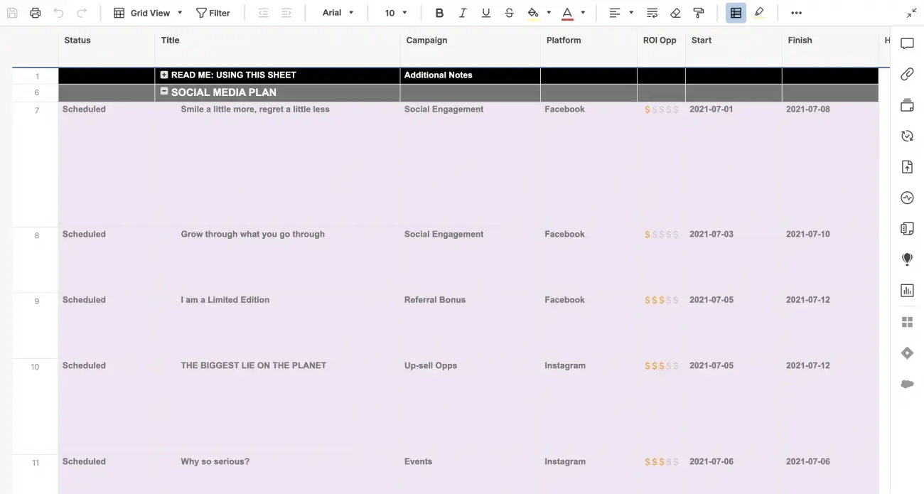 Modello di piano per i social media: modelli Smartsheet