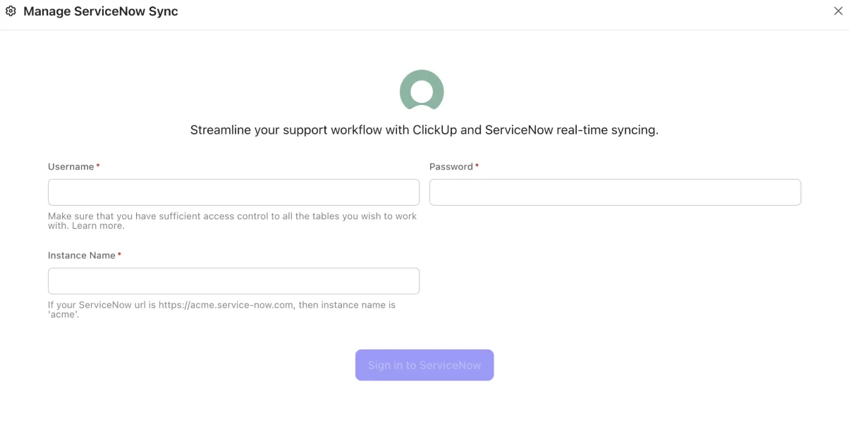 Recursos de integração do ClickUp com o ServiceNow