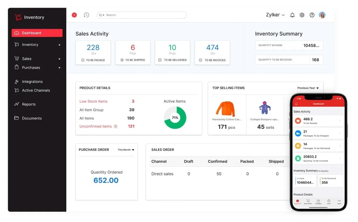 Tableau de bord Zoho Inventory sur bureau et mobile