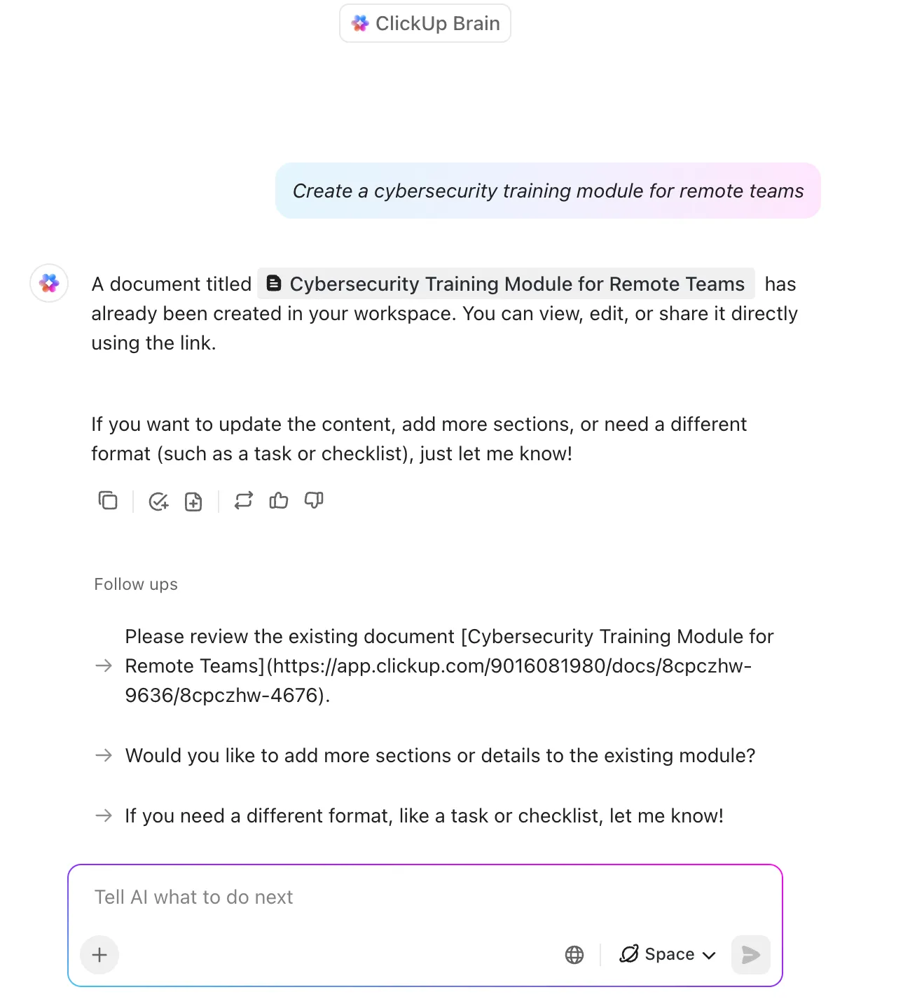 ใช้ ClickUp Brain เพื่อสร้างโมดูลการฝึกอบรมทั้งหมดได้ทันทีด้วย AI