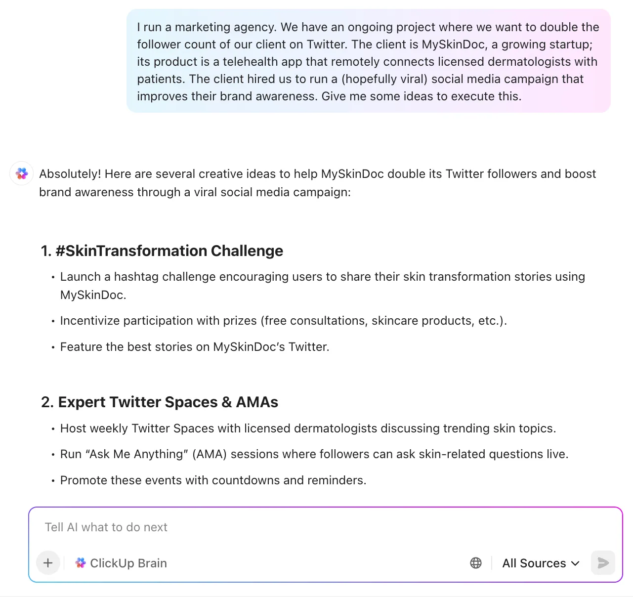 Modèles marketing Asana : ClickUp Brain