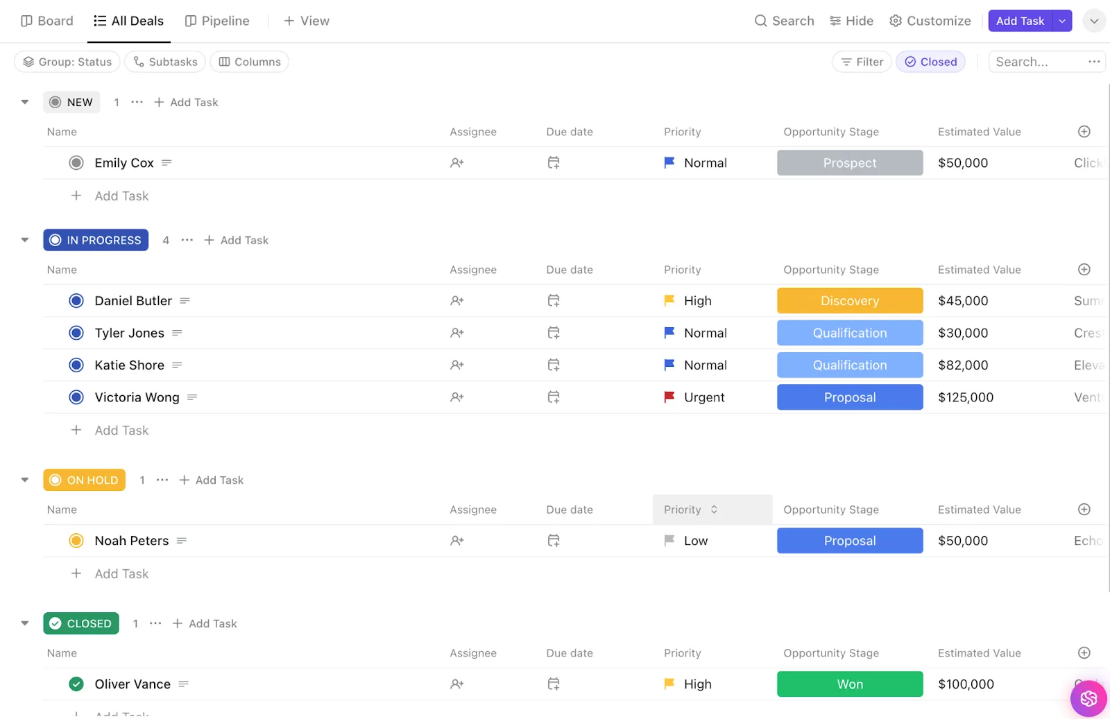 قم بإدارة العملاء المحتملين وتخصيص متابعة العملاء باستخدام قالب ClickUp Simple CRM