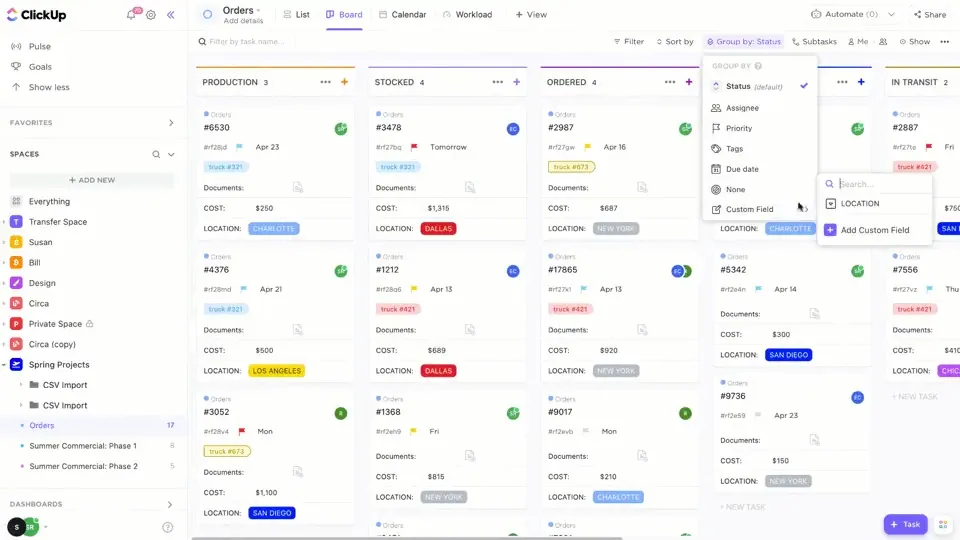 عرض لوحة Kanban في ClickUp