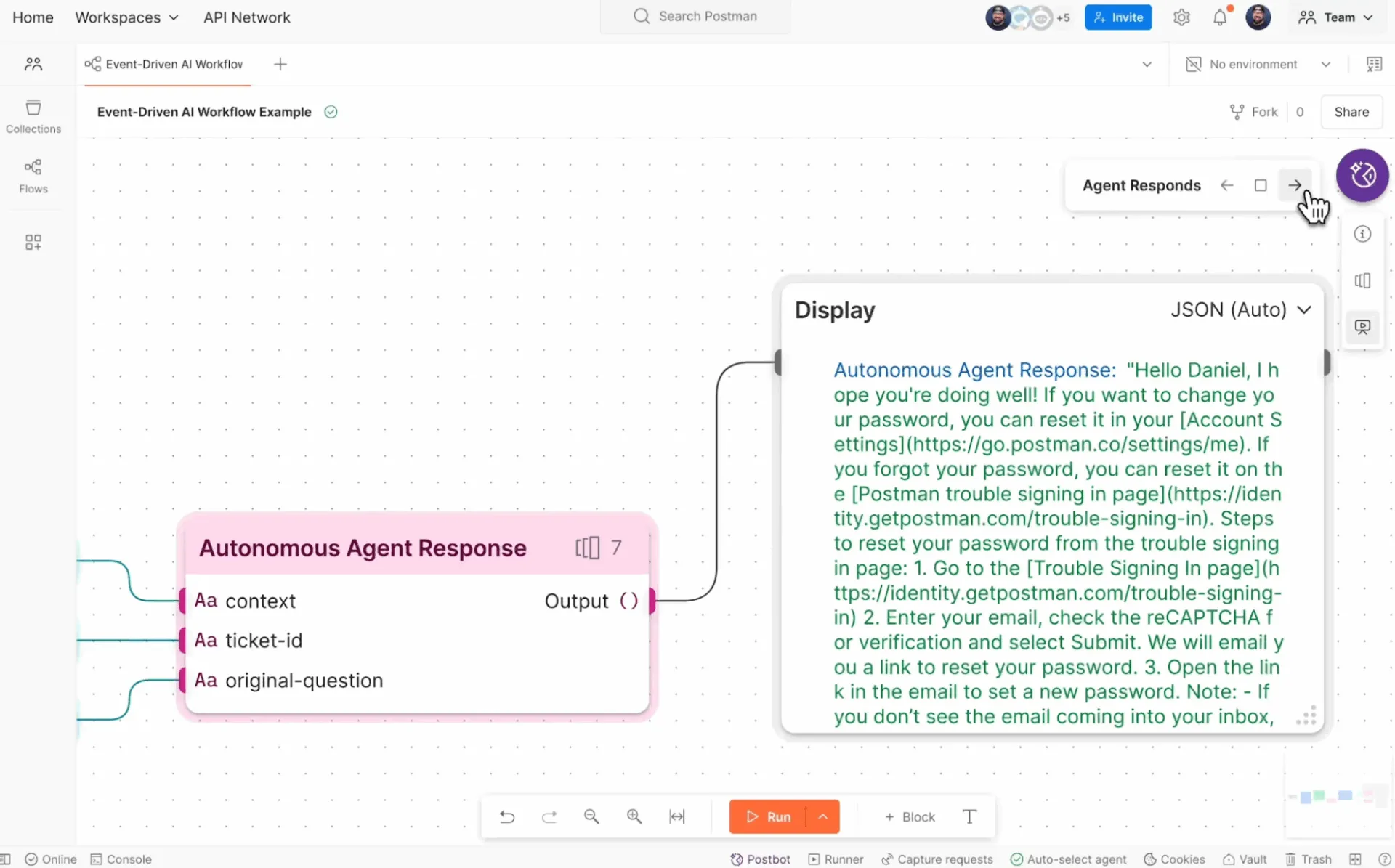 Tableau de bord Postman AI Agent Builder : créateurs d'agents IA