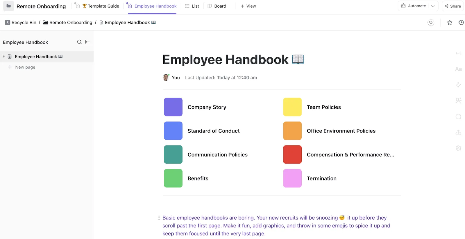Zjednodušte si proces vzdáleného zapracování nových zaměstnanců pomocí šablony ClickUp Remote Onboarding Template.