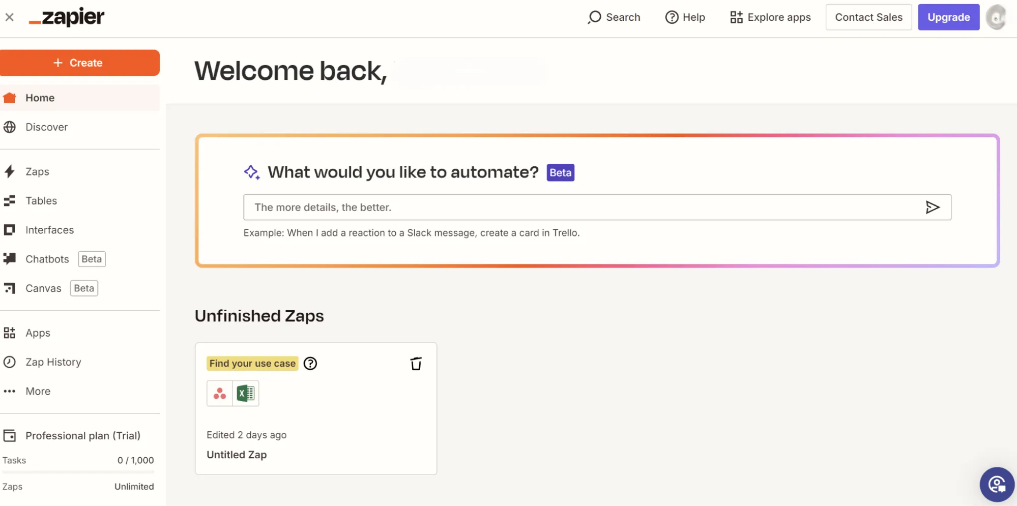 Así es como debería verse tu panel de control de Zapier en el escritorio: cómo exportar Asana a Excel.