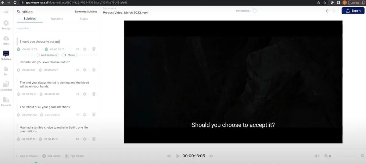 Captura de tela do editor de legendas da Nova A.I.