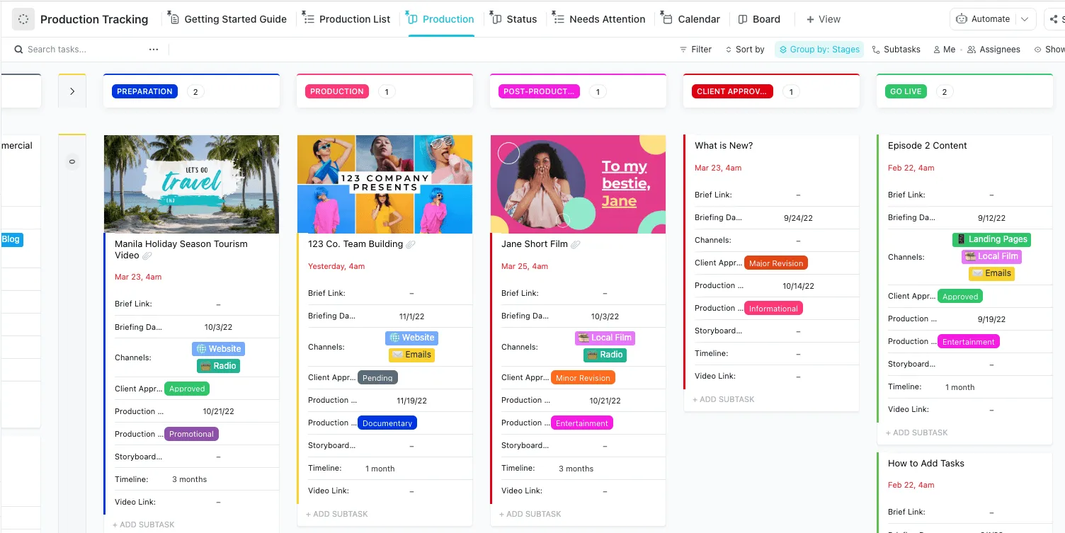 Vorlage zur Nachverfolgung der Produktion von ClickUp