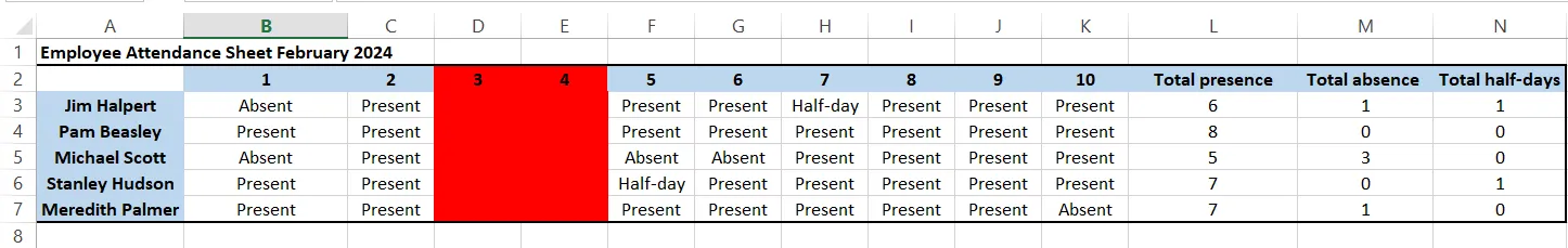 Creazione di un foglio presenze in Excel: Passaggio 5