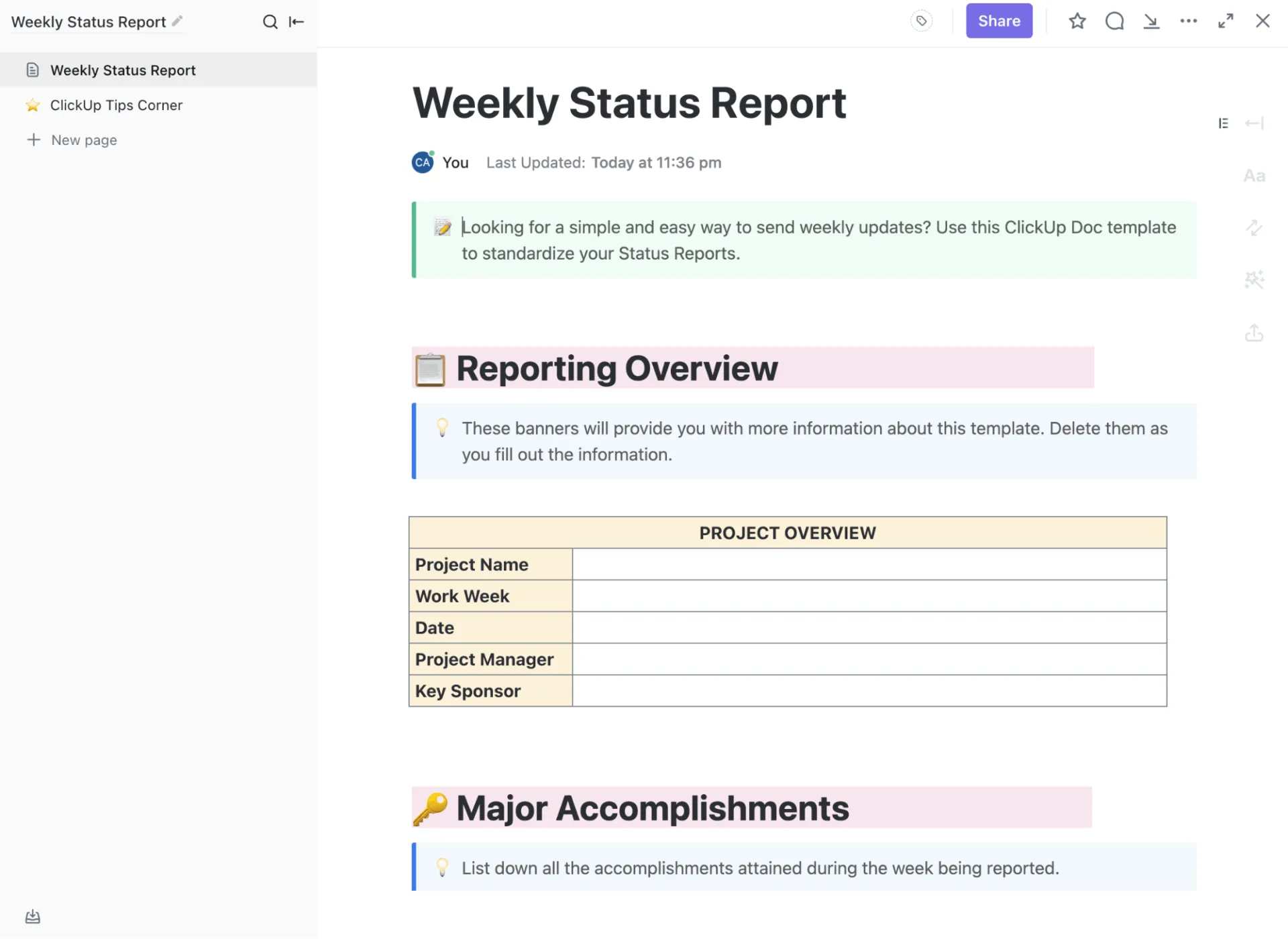 Modello di rapporto settimanale ClickUp per decidere le azioni da intraprendere con il linguaggio del corpo e la comprensione del contatto visivo.