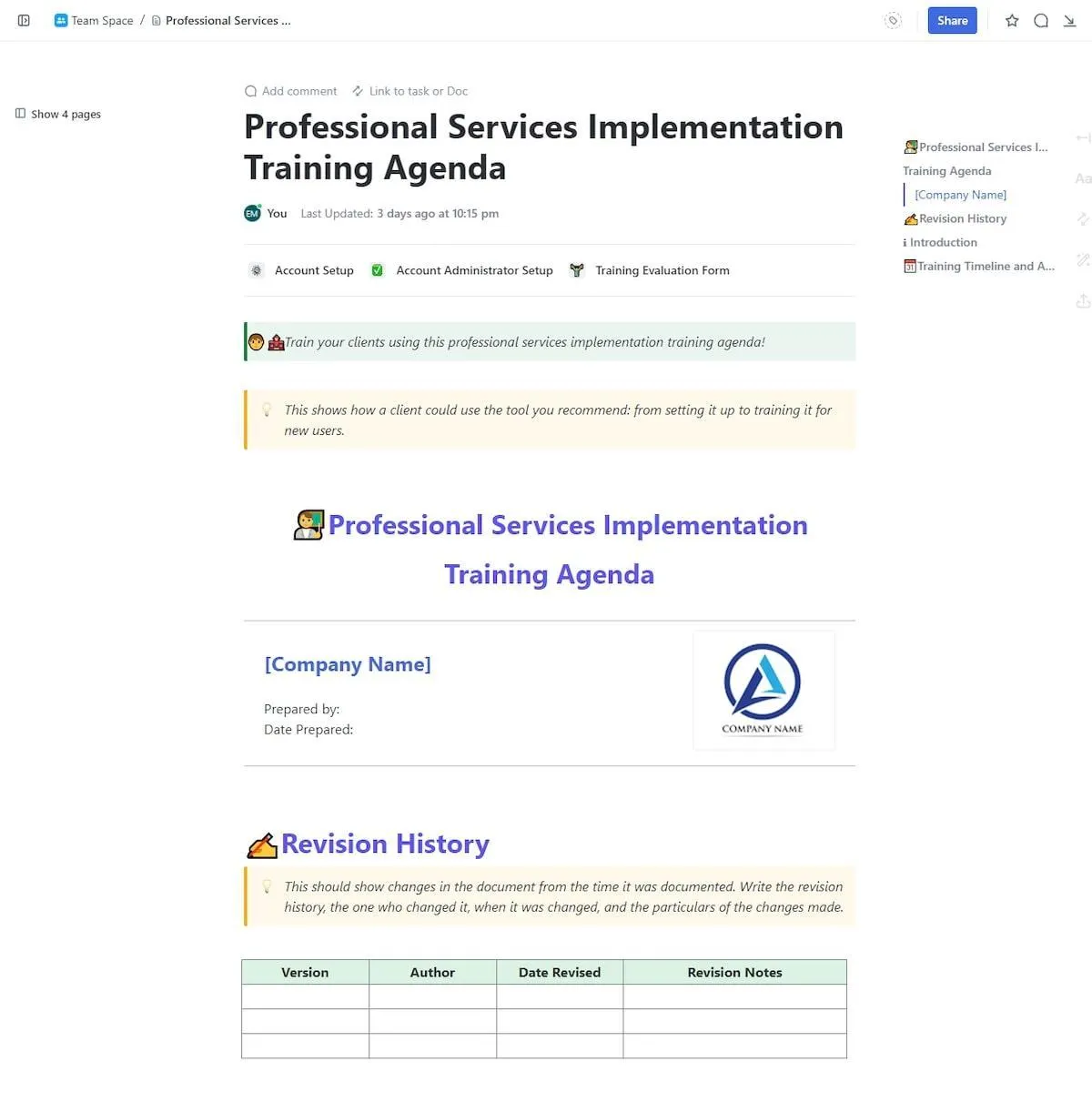 Modèle d'agenda de formation à la mise en œuvre des services professionnels ClickUp