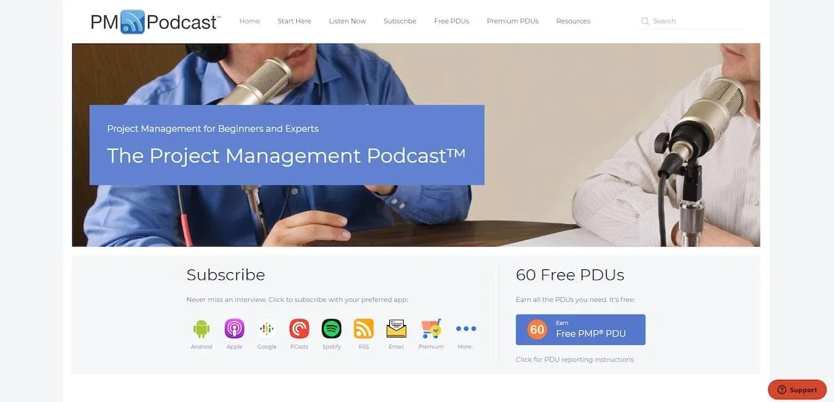 Página de inicio del podcast sobre gestión de proyectos