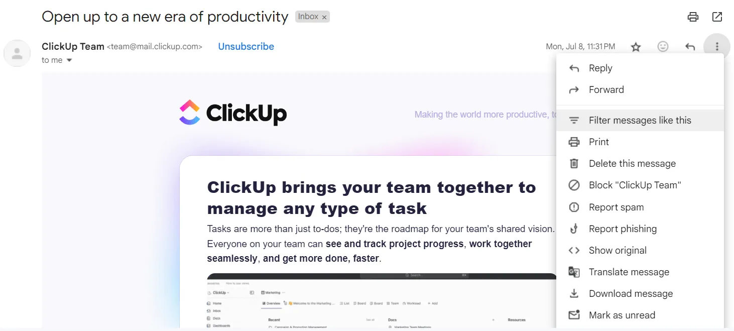 Crear filtro a partir de un correo electrónico existente: crear reglas de Gmail