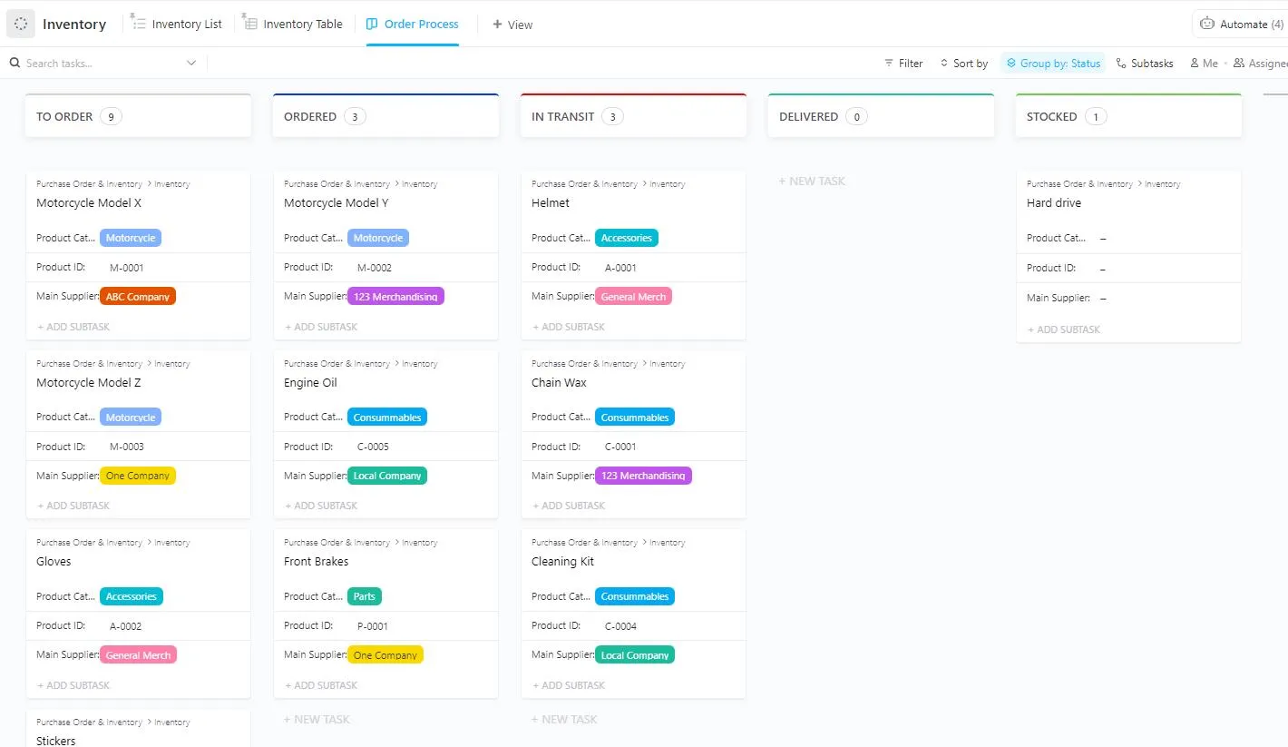 Modello di ordine di acquisto e inventario ClickUp