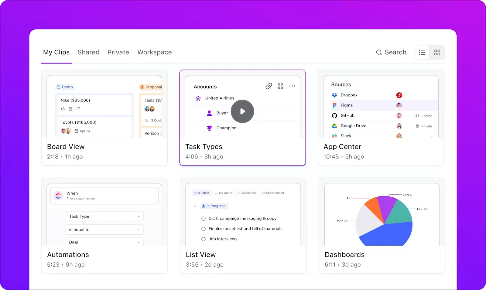ClickUp hub de clips: el mejor software de grabación de pantalla con opciones de almacenamiento.