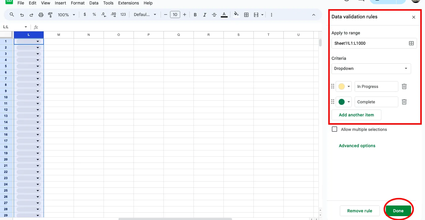 Създаване на падащи списъци (валидиране на данни): справка за Google Sheets